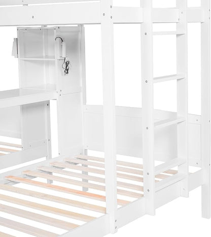 VilroCaz Twin Over Twin & Twin Bunk Bed with Built-in Desk and Storage Shelves, 3 Beds in 1 Design Solid Wood Triple Bunk Bed with Reading Lamp and Guardrails for Kids Teens Aldults (White-2.14)