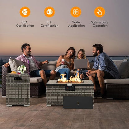 Tangkula 2 Piece Outdoor Propane Fire Pit Table Set with Hideaway Propane Tank Holder, 40,000 BTU Rattan Wicker Fire Pit Table with Lava Rocks, Waterproof Cover, Ideal for Backyard, Patio (Mix Grey)