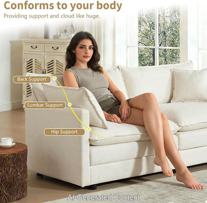 GNIXUU 111.5" Modern Cloud Sofa Couch, Upholstered Chenille 3 Seat Sofa Couch with Pillows & Armrest for Living Room, Bedroom, Deep Seat Sofa(Beige White)
