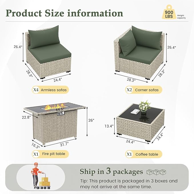 UDPATIO Patio Furniture Set with Fire Pit Table, 8 Pcs Outdoor Sectional Sofa, PE Wicker Patio Conversation Set for Garden, Backyard (Green Cushions with Light Grey Rattan)