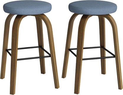 Bar Stools Set of 2, Counter Height Backless Bar Stools, 30" Swivel Barstools Kitchen Chair with Upholstered Fabric Seat, Blue