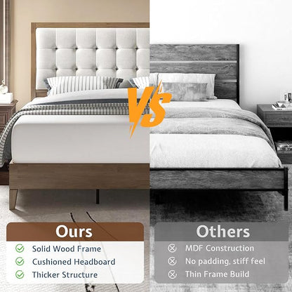Jocisland Solid Wood Queen Size Bed Frame 50.2" Tall Upholstered Headboard, Mid-Century Style, Stable Platform Support, No Box Spring Needed, Ash Gray