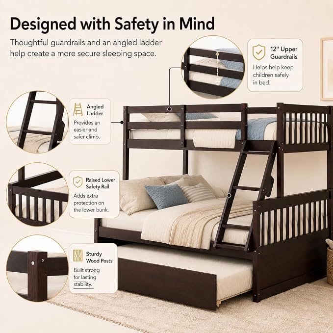 NAFORT Twin Over Full Bunk Bed with Trundle, Solid Wood Bunk Bed Frame, Ladder & Guardrails, Converts to 2 Platform Beds for Kids/Teens/Guests (Espresso, Twin Over Full with Trundle)