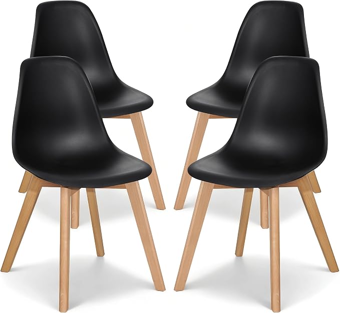VECELO Dining Chairs Set of 4, Mid-Century Modern Kitchen & Dining Room Chairs, Molded Plastic Seat & Back, Solid Wood Legs, Armless, Non-Slip Feet, Black
