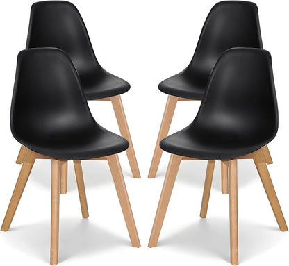 VECELO Dining Chairs Set of 4, Mid-Century Modern Kitchen & Dining Room Chairs, Molded Plastic Seat & Back, Solid Wood Legs, Armless, Non-Slip Feet, Black