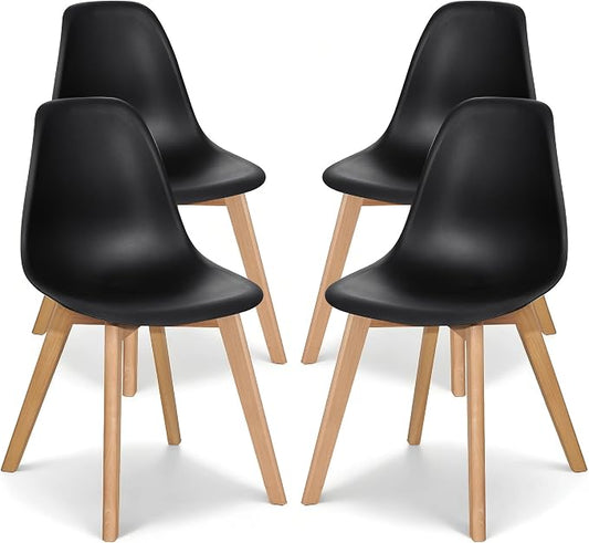 VECELO Dining Chairs Set of 4, Mid-Century Modern Kitchen & Dining Room Chairs, Molded Plastic Seat & Back, Solid Wood Legs, Armless, Non-Slip Feet, Black
