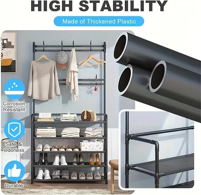 ikaufen 5-Tier Entryway Coat Rack Shoe Shelf, 2-in-1 Hall Tree with 8 Hooks, Thickened Plastic Storage Organizer for Shoes, Bags, Hats (Black/White) (White)