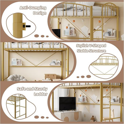 GarveeHome Loft Bed Twin Size, Heavy Duty Metal Loft Bed Frame with Arched Guardrail and Safety Ladder, Space-Saving, No Box Spring Needed, Modern Gold
