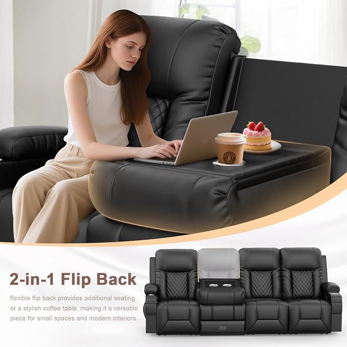 YONISEE 4 Seat Recliner Sofa with Flip Backrest Design, Loveseat Reclining Sofa with Storage Drawer, USB Ports, 2 Cell Phone Holder, Loveseat Recliner Couch for Living Room