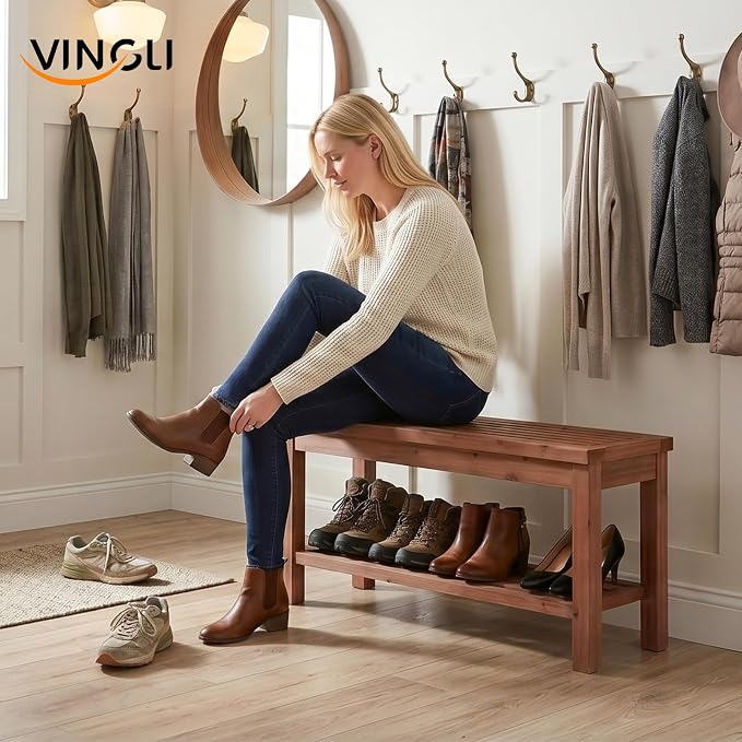 VINGLI Rustic Storage Bench, Solid Wood Seat with Storage Shelf, Indoor Outdoor Shoe Rack, 450lbs Capacity Small Outdoor Bench for Mudroom Entryway Patio Porch (Brown, 40in)