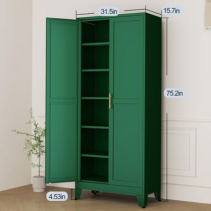Green Metal Storage Cabinet,75" Steel Cabinets for Home Office | Kitchen Pantry Storage Cabinet with Doors and 5 Adjustable Shelves, Tool Cabinets, for Office, Home, Garage, School