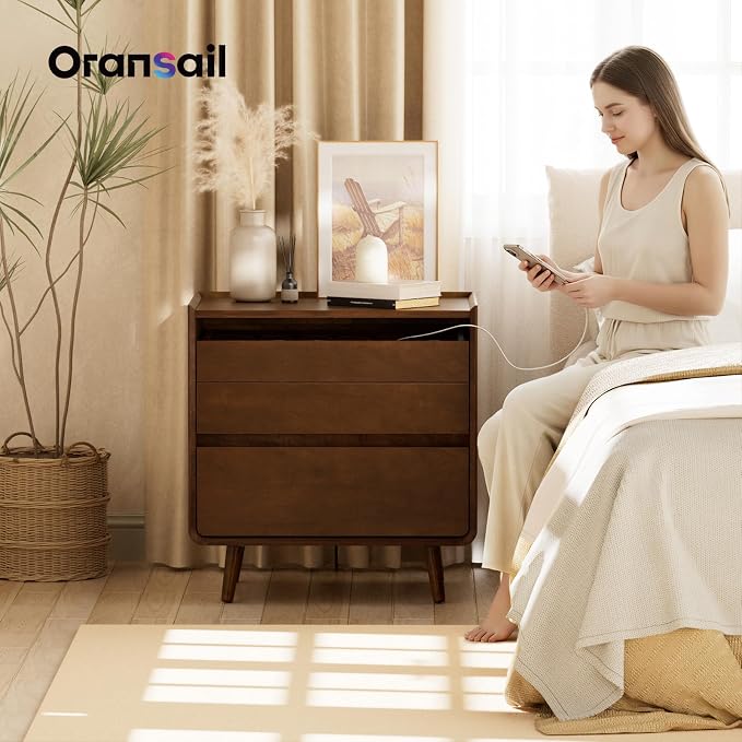 Nightstands Set of 2 with Leg Walnut Night Stand Set 2 Mid Century Modern Nightstands with Charger Station Wooden Bedside Table Set of 2 Night Stands for Bedrooms Set of 2