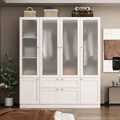 MOUMON Bedroom Armoires with Frosted Glass Doors and Hanging Rod, Wide Modern Wardrobe with Drawers, Large Armoire Wardrobe Closet, Wood Grain 63" W x 19.7" D x 70.9" H