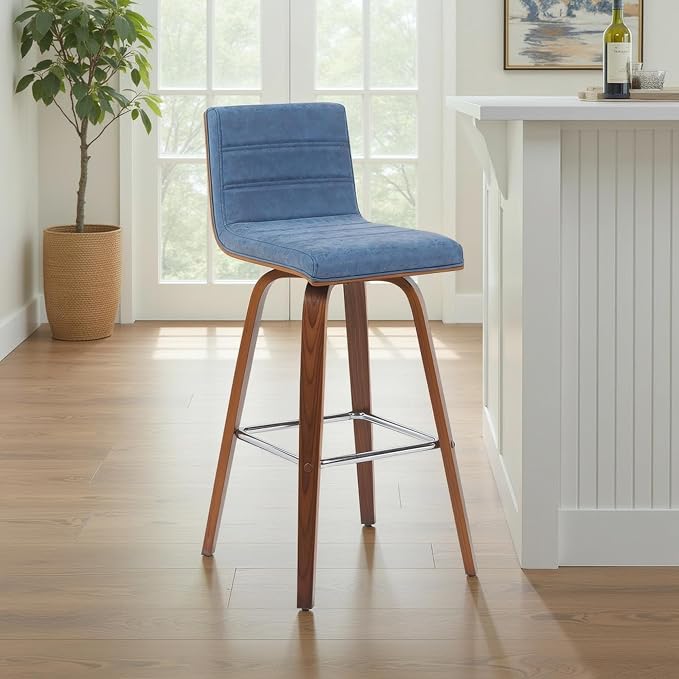 Armen Living Vienna Modern Swivel 30" Bar Height Barstool with Vintage Blue Faux Leather and Walnut Wood Finish