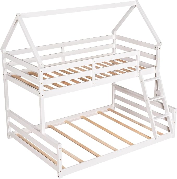 Merax House Floor Bunk Bed with Ladder Twin Over Full,Wood Low Bunk Bed with Full-Length Gardrail, Space-Saving,No Box Spring Needed White