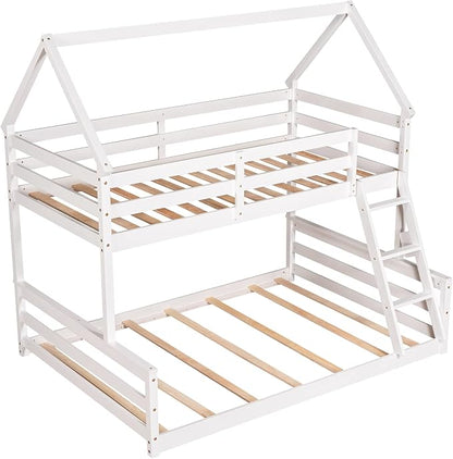 Merax House Floor Bunk Bed with Ladder Twin Over Full,Wood Low Bunk Bed with Full-Length Gardrail, Space-Saving,No Box Spring Needed White