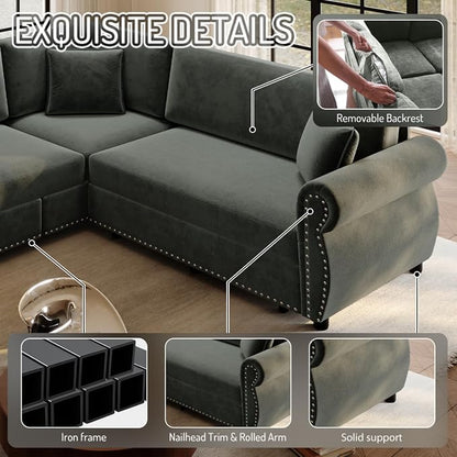 88.2" Sectional Sleeper Sofa with Pull Out Bed - Oversize L-Shaped Convertible Sleeper Couch Bed, Button Tufted Chesterfield Sofa, Chenille Vintage Couches for Living Room/Apartment(4-Seater, Green) | Pull Out couch Bed