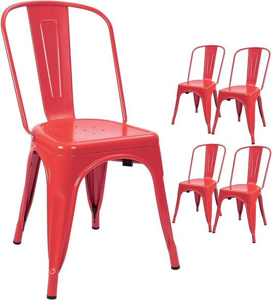 Devoko Metal Indoor-Outdoor Chairs Distressed Style Kitchen Dining Chairs Stackable Side Chair with Back Set of 4 (Red)