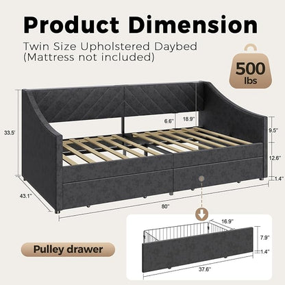 Twin Size Daybed with 2 Storage Drawers, Upholstered Daybed Frame with Charging Station, Heavy Duty Sofa Bed for Bedroom, Living Room, No Box Spring Needed,Easy Assembly