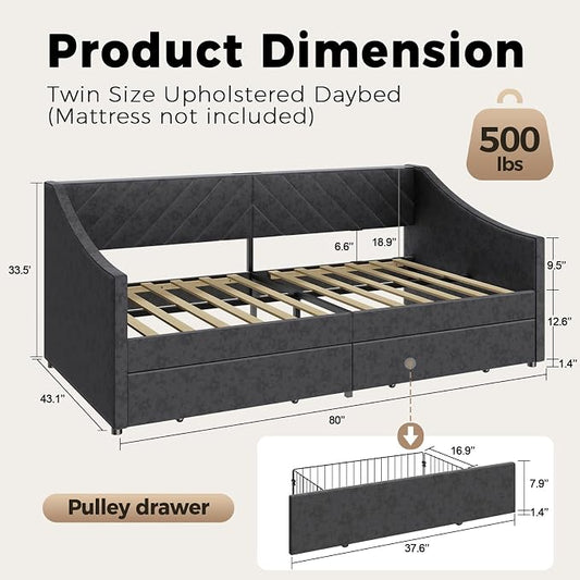 Twin Size Daybed with 2 Storage Drawers, Upholstered Daybed Frame with Charging Station, Heavy Duty Sofa Bed for Bedroom, Living Room, No Box Spring Needed,Easy Assembly