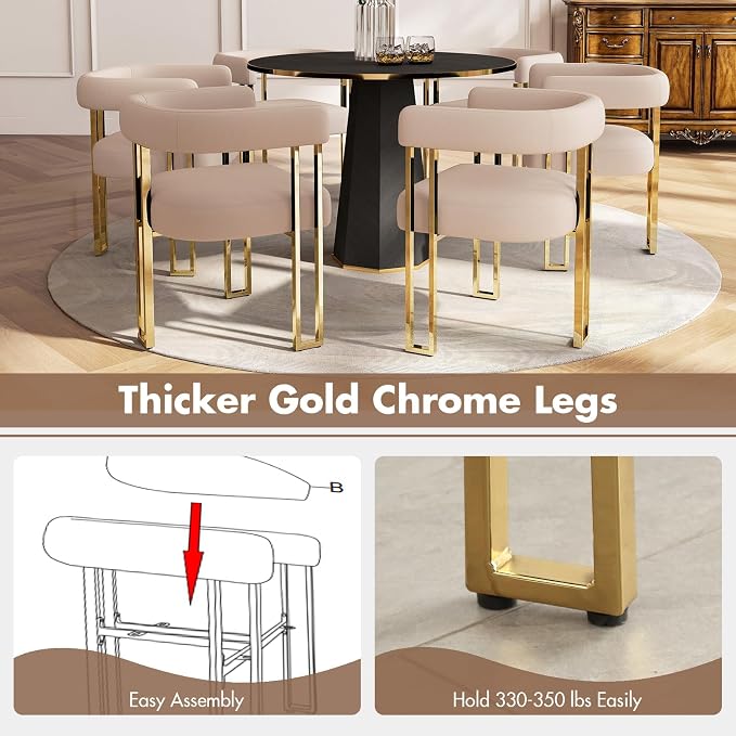 Hyfirm Velvet Dining Chairs Set of 2, Khaki Upholstered Barrel Armchairs with Gold Metal Legs for Kitchen Island, Mid Century Modern Accent Side Chairs for Dining Room and Living Room, Open-Back