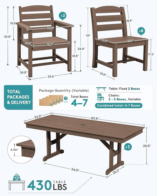 SERWALL 9 Piece 84" HDPE Outdoor Dining Set with 6 Armless Chairs, 2 Armchairs and Umbrella Hole for 8, Brown