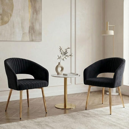 Hyfirm Set of 4 Black Velvet Dining Room Chairs, Modern Accent Chairs with Gold Legs & Hollow Back, Upholstered Kitchen Chair for Living Room/Reception/Restaurant