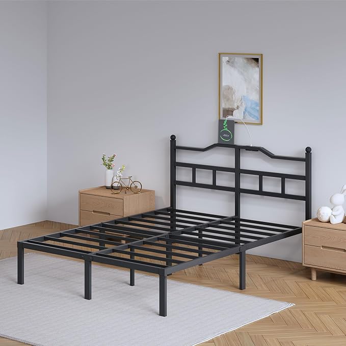 SHOANED Metal Bed Frame with Charging Station - 14 Inch King Size Heavy Duty Bedframe with Headboard Black Basic Steel Slats Platform No Box Spring Needed/Noise Free