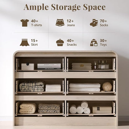 Aitjunz Modern 6 Drawers Dresser for Bedroom, 47" Wide Wood Dressers, Cream | Wooden Dressers & Chests of Drawers w/Curved Profile Design, Mid Century Dresser w/Handleless Design for Bedroom, Living Room