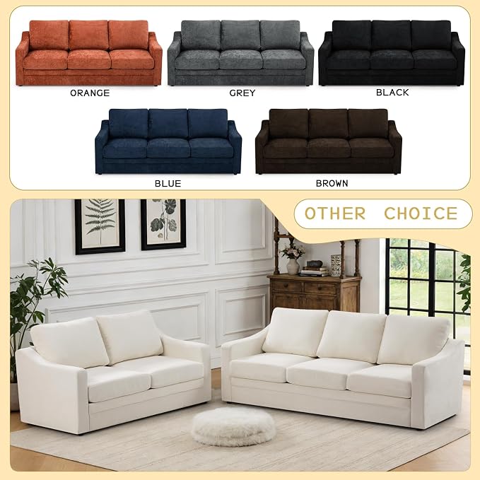 83” Chenille 3 Seats Sofa w/Comfortable Back Cushions, Beige | Modern Couch w/Deep Seat Space, Upholstered 3 Seater Sofa w/High Resiliency Foam for Living Room