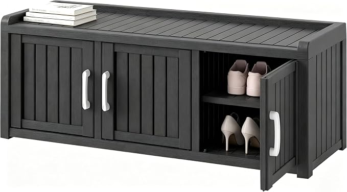 Outdoor Shoe Bench, Weatherproof UV Protected Resin Entryway Shoe Storage Cabinet with 3 Doors, Multipurpose Shoe Organizer Seat for Porch Patio Hallway Indoor Bedroom, Matte Black