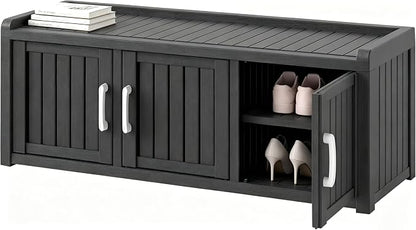 Outdoor Shoe Bench, Weatherproof UV Protected Resin Entryway Shoe Storage Cabinet with 3 Doors, Multipurpose Shoe Organizer Seat for Porch Patio Hallway Indoor Bedroom, Matte Black