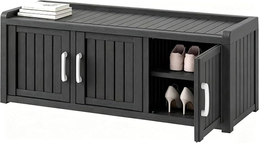 Outdoor Shoe Bench, Weatherproof UV Protected Resin Entryway Shoe Storage Cabinet with 3 Doors, Multipurpose Shoe Organizer Seat for Porch Patio Hallway Indoor Bedroom, Matte Black