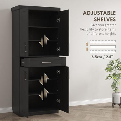 HOMCOM 72" Kitchen Pantry Cabinet, Freestanding Tall Storage Cabinet with 4 Doors, Drawer and 3 Adjustable Shelves for Dining Room, Black