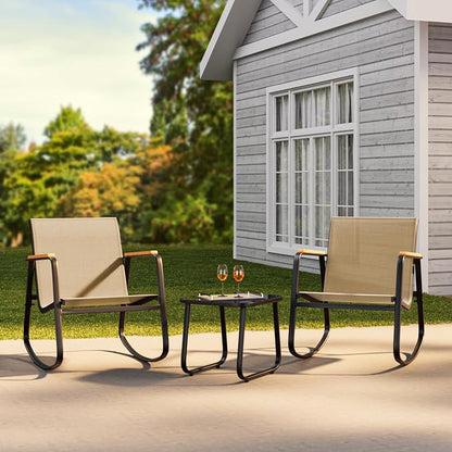 Ahomly 3-Piece Outdoor Rocking Bistro Set, Outdoor Patio Furniture Set with Textilene Fabric, Patio Rocking Chairs and Glass Table for Garden Balcony Backyard Poolside Brown