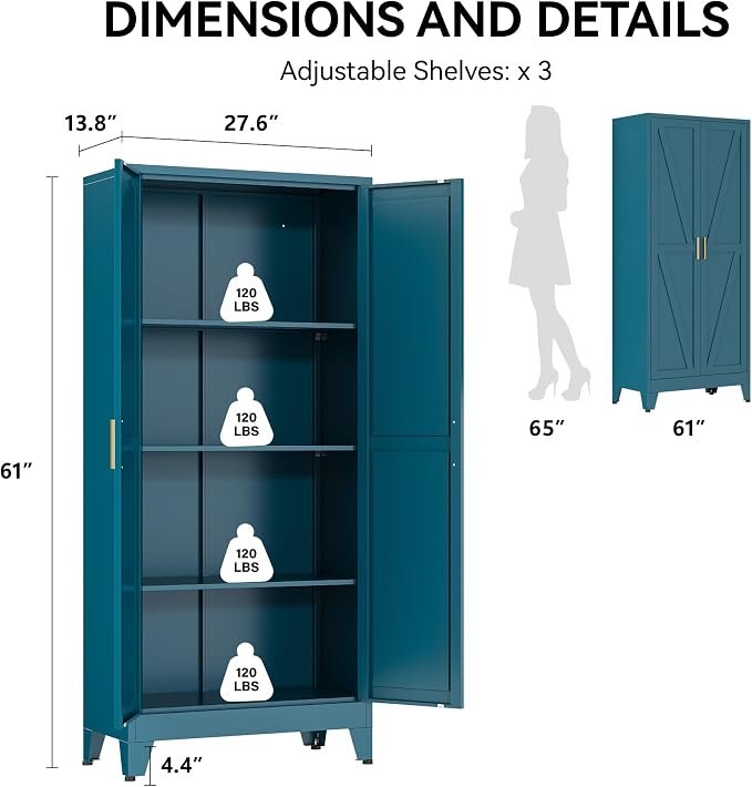 COFaR 61" Metal Pantry Cabinet in Peacock Blue, Farmhouse Storage Cabinet with Adjustable Shelves, Sturdy Freestanding Cupboard for Kitchen Organization, Bathroom & Living Room