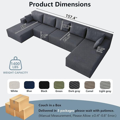 Flexible Combination Cloud Sectional Boneless Couches with Double Chaise,157" Oversized U Shaped Modular Sofa No Assembly Required Foam-Filled Deep Seat Sofa & Couch for Living Room,Apartment