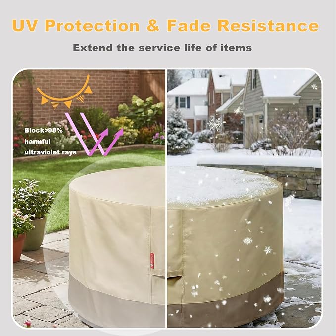 SheeChung Fire Pit Cover Round 50" D x 24" H,Waterproof 600D Material,Beige | PVC inner coating,Heavy Duty Outdoor Propane Fire Pit Cover,Tear & Fade Resistant,Fits Wood Burning Fire Pit Table/Fireplace
