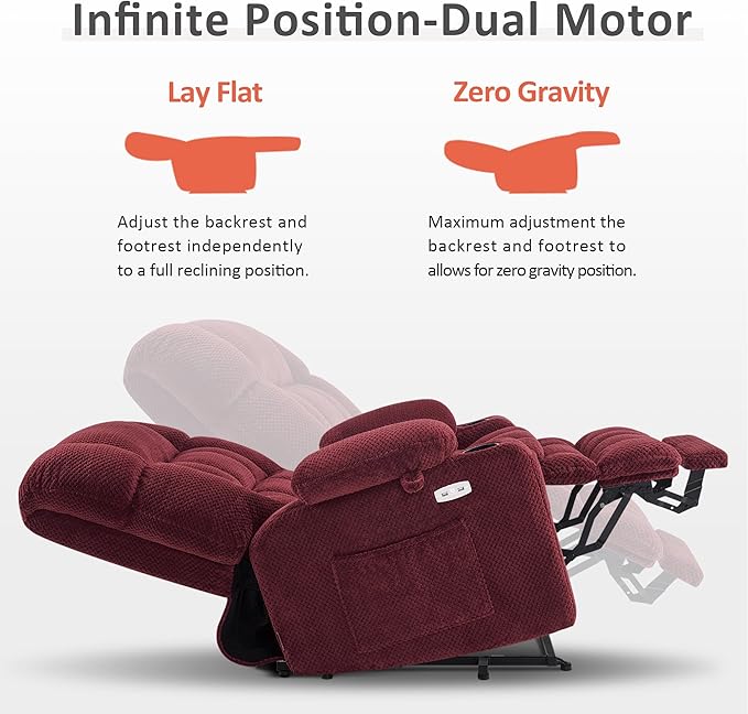MCombo Small Dual Motor Power Lift Recliner Chair for Elderly, Zero Gravity Lift Chair with Heat and Massage, Lay Flat Recliner for Petite, USB Ports, Fabric R7894 (Small-Wide, Burgundy)