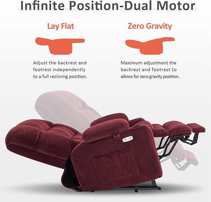 MCombo Small Dual Motor Power Lift Recliner Chair for Elderly, Zero Gravity Lift Chair with Heat and Massage, Lay Flat Recliner for Petite, USB Ports, Fabric R7894 (Small-Wide, Burgundy)