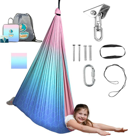 Indoor Sensory Swing for Kids or Outdoor – Holds 300lbs, Double-Layer, & 360° Swivel, Calming Compression Therapy Swing Hammock for Kids & Adults with All Hardware – Sensory-Motor Toys & Gifts