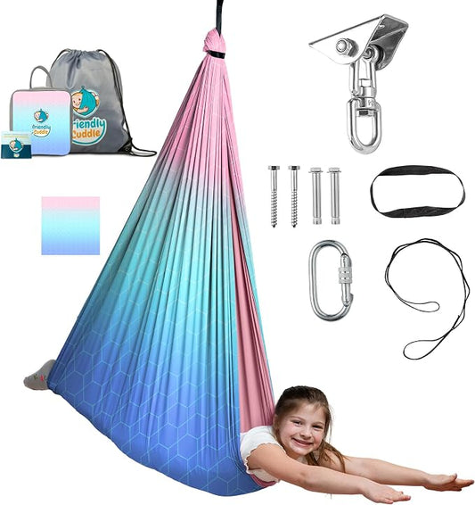 Indoor Sensory Swing for Kids or Outdoor – Holds 300lbs, Double-Layer, & 360° Swivel, Calming Compression Therapy Swing Hammock for Kids & Adults with All Hardware – Sensory-Motor Toys & Gifts
