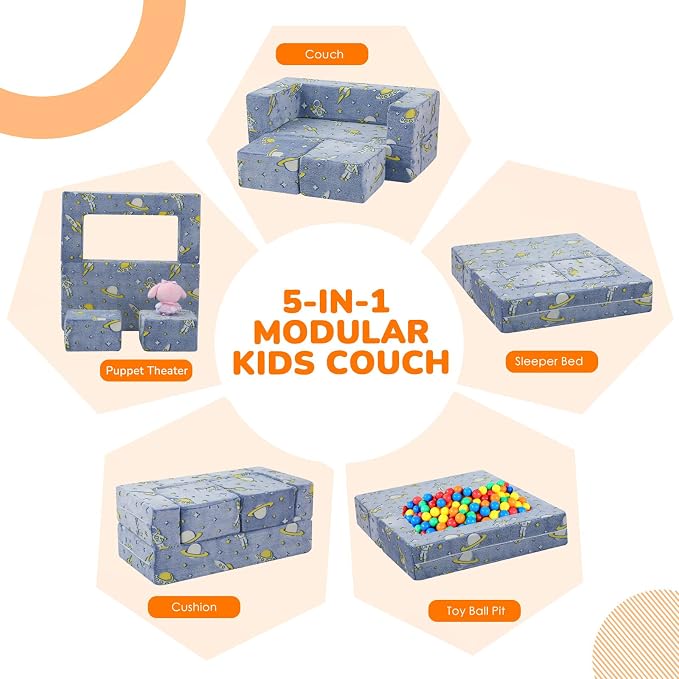 MeMoreCool Modular Kids Couch, Glow Play Toddler Couch for Bedroom Playroom, Convertible Foam Kids Sofa Bed, Fold Out Baby Sofa for Girl Boy, Denim Rocket