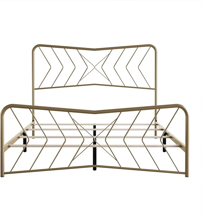 HOME DESIGN Fargo Queen Size Metal Bed Frame, Minimalist Headboard and Footboard Design, Sturdy Metal Construction, Easy Assembly, Transitional, Gold
