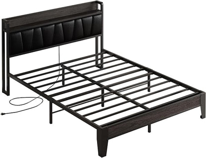LIKIMIO Queen Bed Frames, PU Leather Storage Headboard with Charging Station, Solid and Stable, Noise Free, No Box Spring Needed, Easy Assembly, Black
