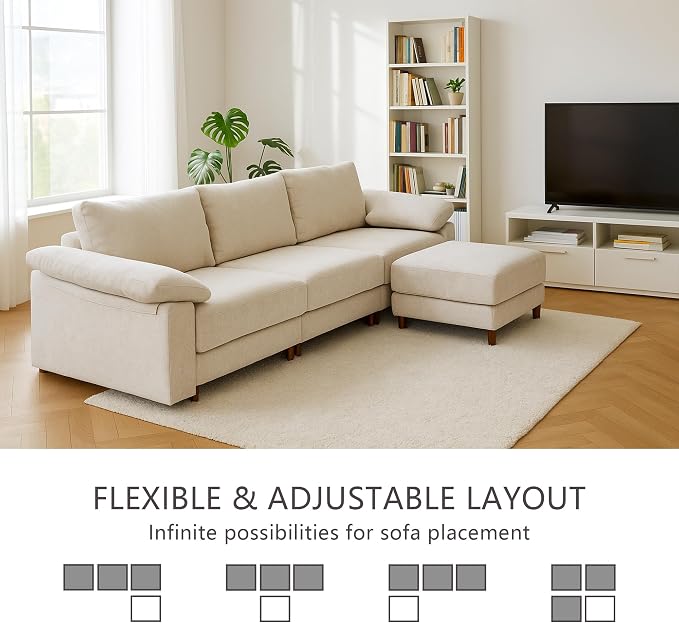 Oversized Modular Cloud Couch with Removable Washable Cover, L -Shaped Sectional for Large Living Room, Plush Chenille & Deep Seat（Beige）