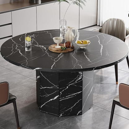 HSH Round Dining Table for 4-6 People, 47” Black Faux Marble Kitchen Table only, Modern Wooden Dinner Table for Living Dining Room with Octagon Base, Black Faux Marble, 47 Inch