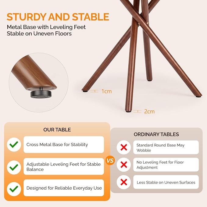 VINGLI 37.5" Round Dining Table for 4, Wood Kitchen Table, Walnut | Cross Metal Leg, Adjustable Feet, Wood Tabletop, Mid-Century Modern Style, for Living Room, Dining Room, Kitchen, Small Place