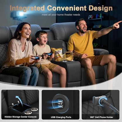 Recliner Sofa, Home Theater Seating with Center Console, 4 Seat Reclining Couch with USB Ports & Phone Holders, Wall Hugger RV Sofa Furniture Loveseat Recliner Couch with Storage & Pocket