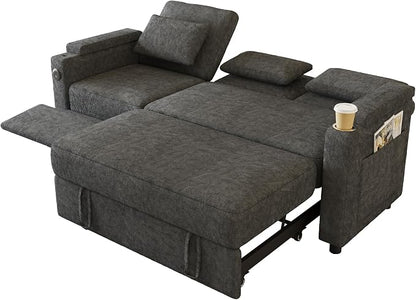 83" Recliner Sofa Bed, 3-in-1 Chenille Sleeper Sofa, Pull Out Couch Adjustable Backrest, USB, Side Pocket, Table, Cup Holder, Cloud Couch for Living Room, Apartment, Small Space, Dark Gray
